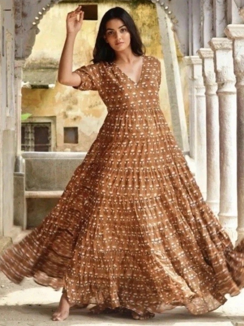 Daughters of India Chaaya Cotton Maxi Floral  Dress in Chai Boho Flowy Sz M